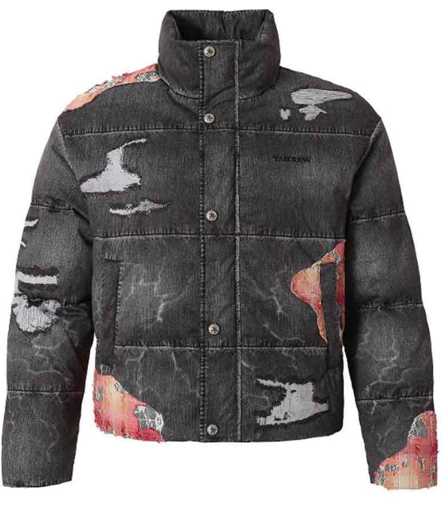 YADC Sunset Lace Applique Embroidery 3D Printed Denim Down Jacket